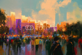 Naklejki beautiful painting of people in a city park at sunset