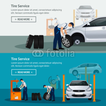 Car repair service, flat horizontal banner, different workers in the process of repairing the car, tire service, diagnostics, replacement spare parts. Vector illustration