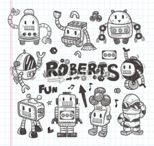 Naklejki set of doodle robot icons, illustrator line tools drawing.