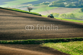 Fototapety Farmer in tractor preparing land with seedbed cultivator, spirng, countryside in Ponidzie, Poland