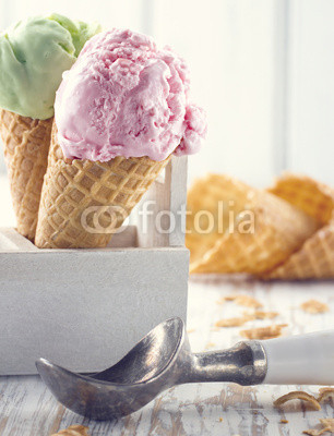 Pink and green ice cream cones