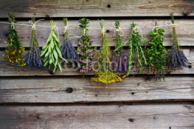 Naklejki Herbs drying on the wooden barn in the garden