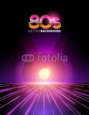 retro1980's style neon digital abstract background with laser beams and a sunset.