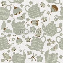Seamless pattern with kettles and flowers, and butterflies