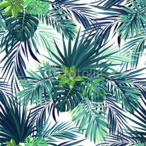 Fototapety Seamless hand drawn botanical exotic vector pattern with green palm leaves on dark background.
