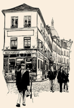 Rysunek ze spacerującymi ludźmi na Montmarte w Paryżu