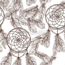 Fototapety Seamless Monochrome Pattern With Dreamcatcher And Feathers