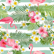 Fototapety Flamingo Background. Tropical Flowers Background. Vintage Seamless Pattern