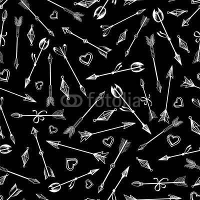 Black and white arrows seamless pattern with hearts and feathers. Vector illustration
