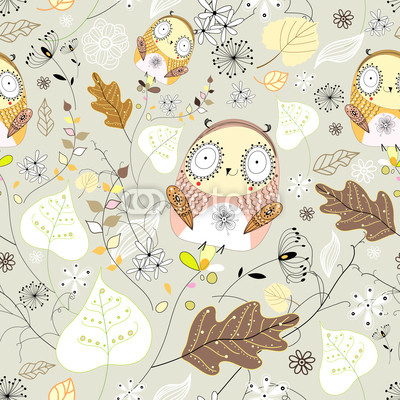 seamless graphic pattern of leaves and owls