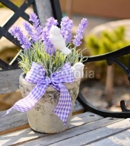 Naklejki Lavender in the old pot on the bench. Home decoration.