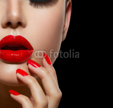 Fototapety Red Sexy Lips and Nails closeup. Manicure and Makeup