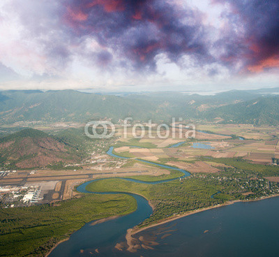Coast of Queensland. Aerial view of mountains, sea and rivers