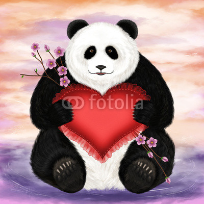 Panda with a heart-shaped pillow