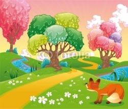 Fototapety Fox in the wood. Cartoon and vector scene. Isolated objects