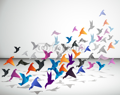 Indoor flight, Origami Birds start to fly in closed space.