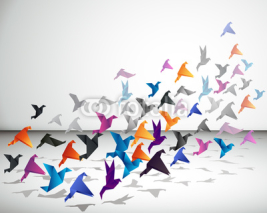 Naklejki Indoor flight, Origami Birds start to fly in closed space.