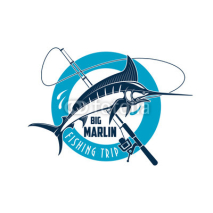 Marlin fishing sport emblem with fish on rod