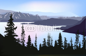 Naklejki lake in mountain forest under blue sky