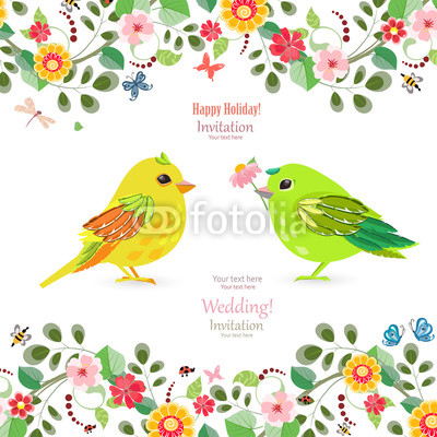 invitation card with colorful birds for your design