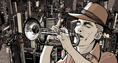 trumpeter over a cityscape background