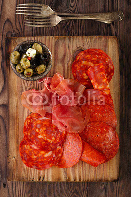 Platter of serrano jamon Cured Meat,  chorizo and olives