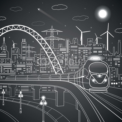 Vector lines train on the bridge, background of the light city