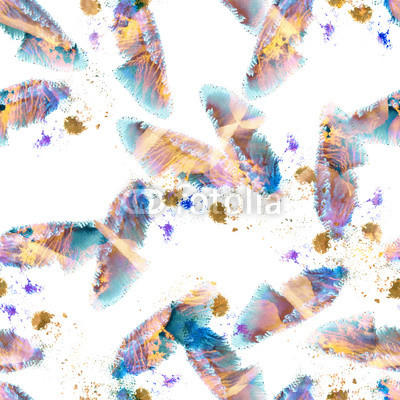 Seamless watercolor pattern with abstract feathers batik tones on white background. Beautiful whimsical ornament. Textile print, wallpaper.