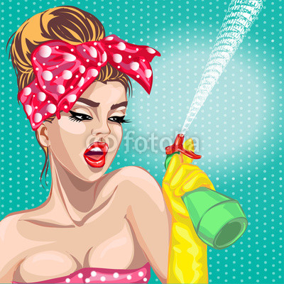 Pin-up housewife woman portrait with wiper. housekeeping, sexy wife, hand drawn vector illustration
