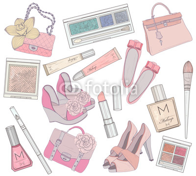 Women shoes, makeup and bags element set.