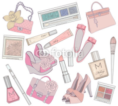 Fototapety Women shoes, makeup and bags element set.