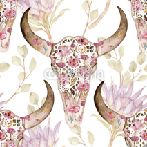 Naklejki Watercolor seamless pattern with skull in flowers, protea. Floral decoration, vector illustration