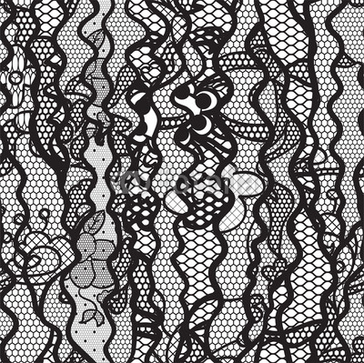 Black lace vector fabric seamless pattern with lines and waves