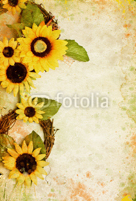 Grunge retro background with sunflowers and copy space