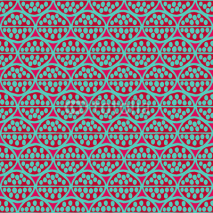Naklejki Seamless primitive floral pattern with abstract leaves. Tribal ethnic background, simplistic geometry, magenta and turquoise. Textile design.