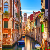 Fototapety Venice cityscape, water canal, campanile church and traditional