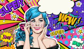 Obrazy i plakaty Pop Art illustration of blue head girl on Pop art  background.Pop Art girl. Party invitation. Birthday greeting card. Advertising poster. Comic woman. Romantic girl hiding her face. 