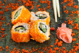 Naklejki 4 pieces of Sushi roll and caviar on nori
