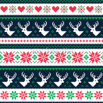Naklejki Scandynavian winter seamless pattern with deer and hearts