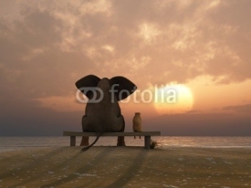 Fototapety elephant and dog sit on a summer beach