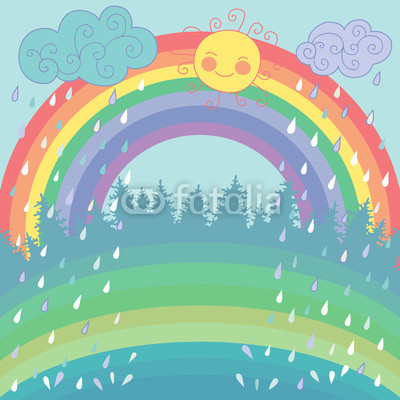 Colorful background with a rainbow, rain, sun in cartoon style