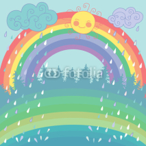 Naklejki Colorful background with a rainbow, rain, sun in cartoon style