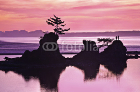 Naklejki Sunset of Beach with rock formations and pink and purple tones of light/Sunset of pink and purple colors on beach in Siletz Bay, Oregon with silhouettes of rock and hiker