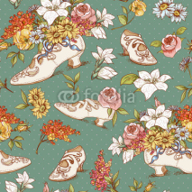 Seamless Vintage Flowers and Shoes Background