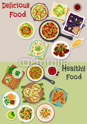 Tasty lunch icon set with salads and fruit dessert