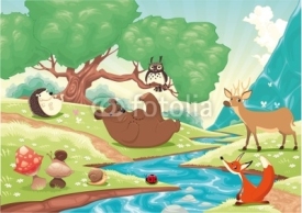 Animals in the wood. Vector landscape, isolated objects.