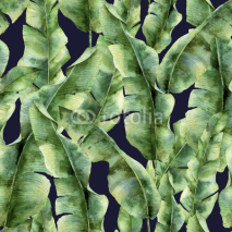 Fototapety Watercolor pattern with banana palm leaves. Hand painted exotic greenery branch. Tropic plant isolated on dark blue background. Botanical illustration. For design, print or background