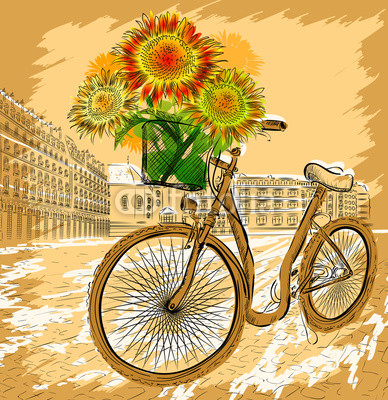 Christmas postcard with bicycle and sunflowers