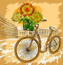 Naklejki Christmas postcard with bicycle and sunflowers