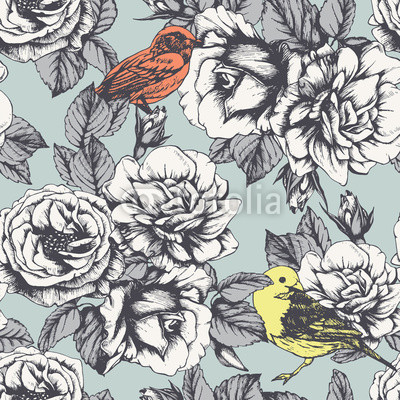 Seamless floral pattern with hand-drawn roses and birds. Vector